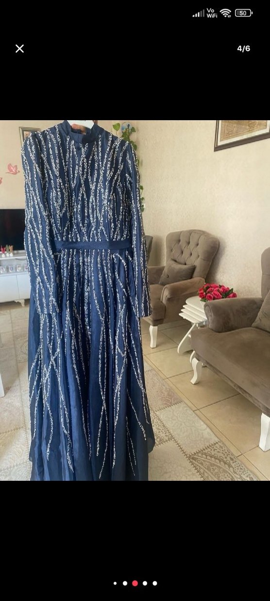 Uzun Kollu Nakışlı Mavi Abiye - Görsel 3