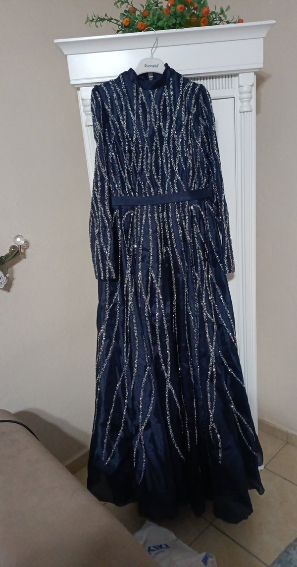 Uzun Kollu Nakışlı Mavi Abiye - Görsel 4