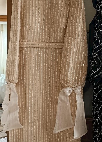 Bej Parlak Piliseli Uzun Kollu Kadın Elbise - Görsel 3