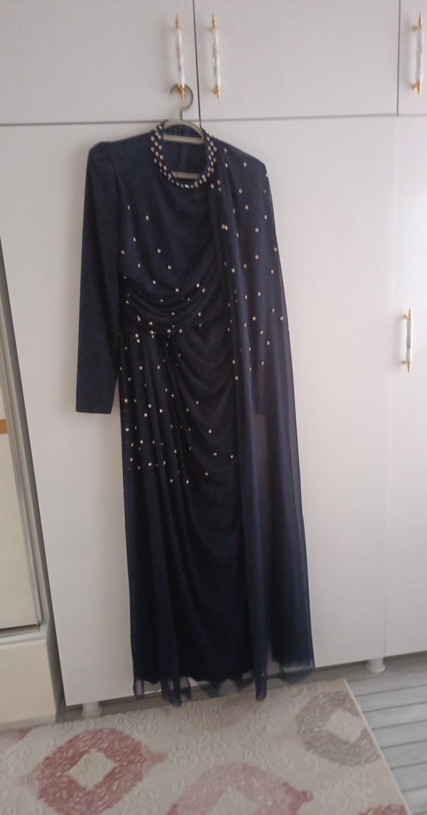 Uzun Kollu Siyah Drapeli Abiye Elbise - Görsel 4