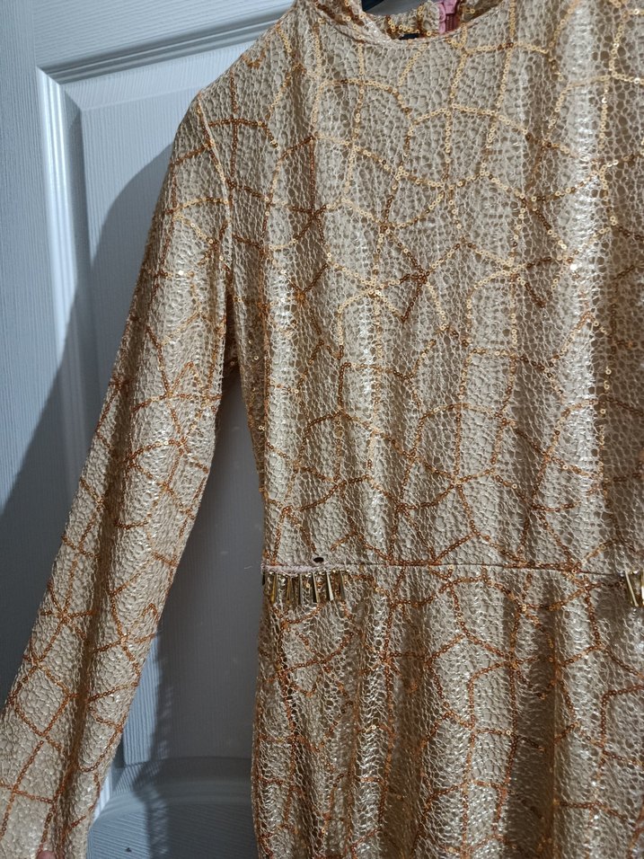 Dantel Detaylı Altın Renk Uzun Abiye Elbise - Görsel 2