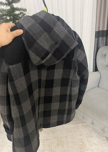 Düğmeli Gri Kareli Midi kaban - Görsel 3