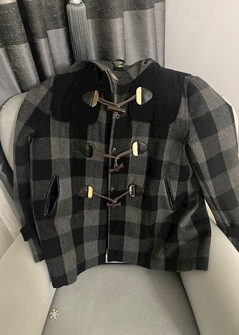 Düğmeli Gri Kareli Midi kaban - Görsel 4