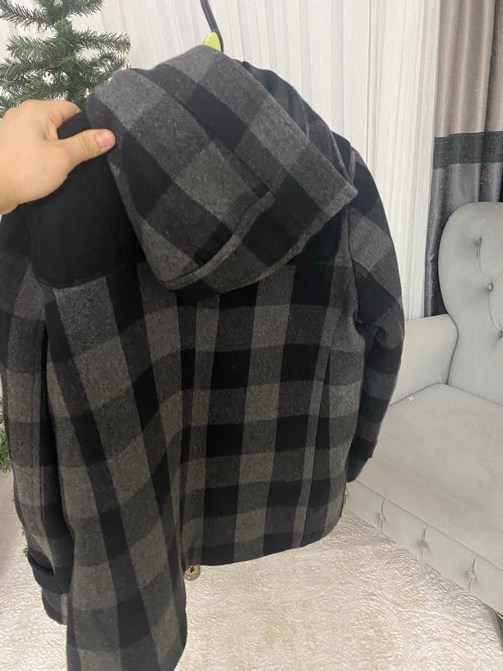 Düğmeli Gri Kareli Midi kaban - Görsel 3