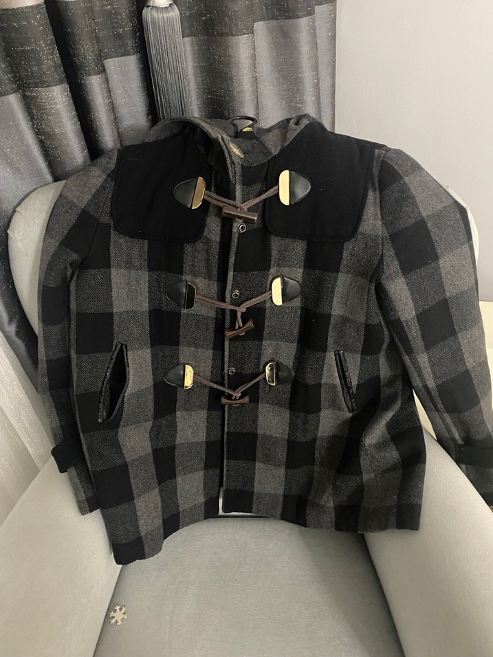 Düğmeli Gri Kareli Midi kaban - Görsel 4