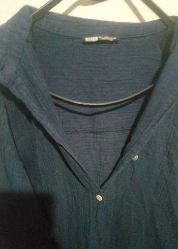 Linen Kumaşlı Mavi Düğmeli Kadın Gömlek - Görsel 2