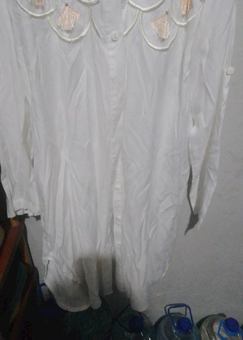 Nakışlı Beyaz Keten Kadın Gömlek - Görsel 2