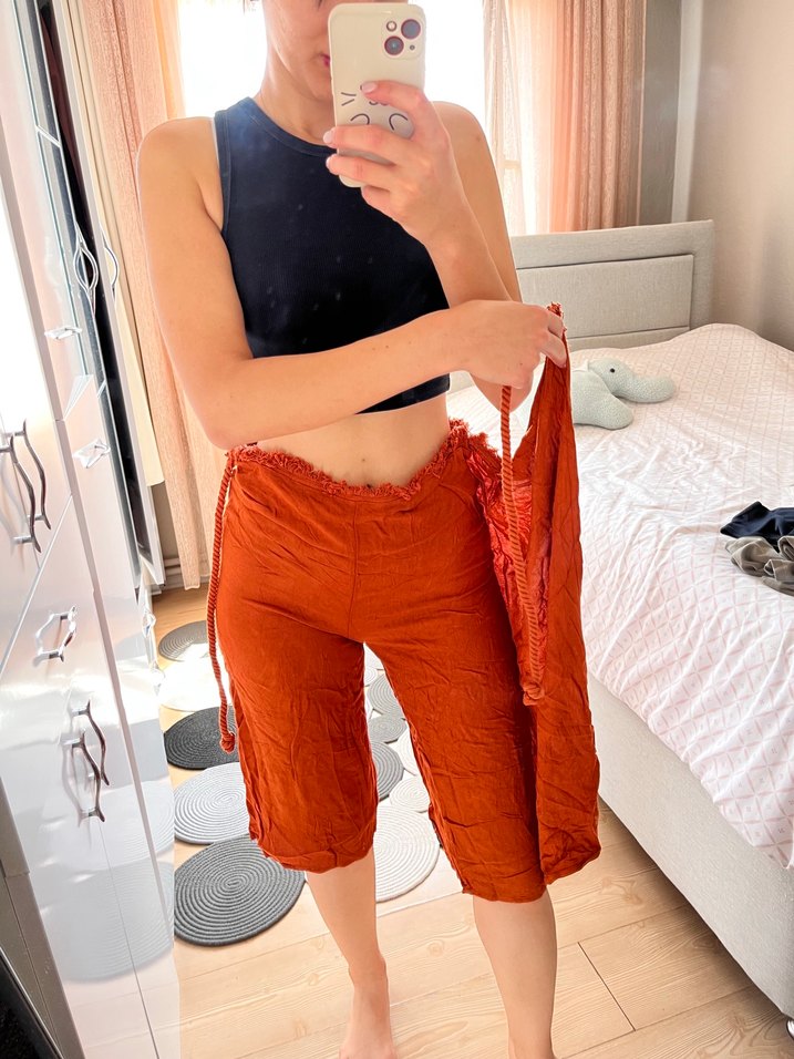 Salaş Kesim Kahverengi Turuncu Keten Midi Pantolon - Görsel 2