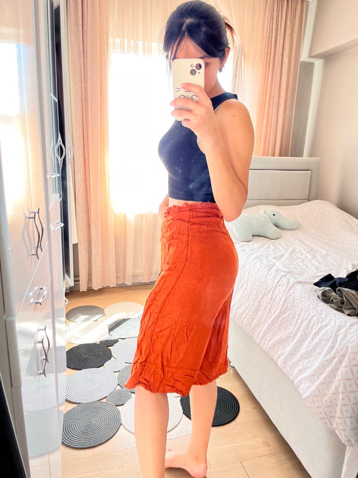 Salaş Kesim Kahverengi Turuncu Keten Midi Pantolon - Görsel 4