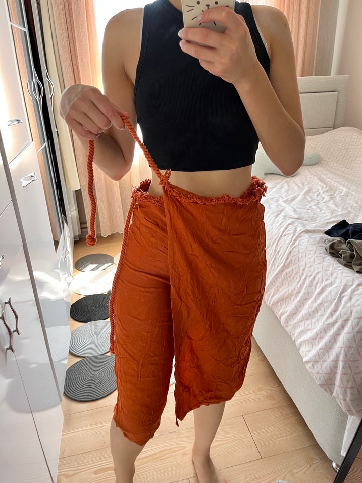 Salaş Kesim Kahverengi Turuncu Keten Midi Pantolon - Görsel 5