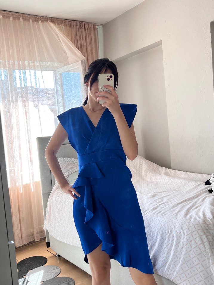 Mavi V Yaka Kolsuz Midi Elbise - Görsel 5