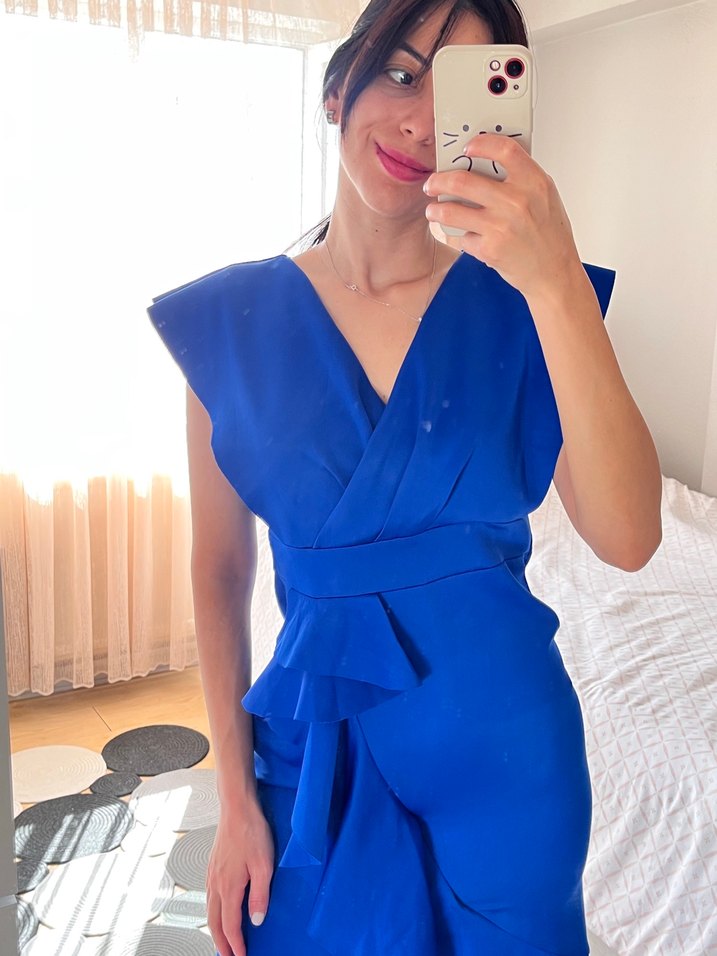 Mavi V Yaka Kolsuz Midi Elbise - Görsel 3