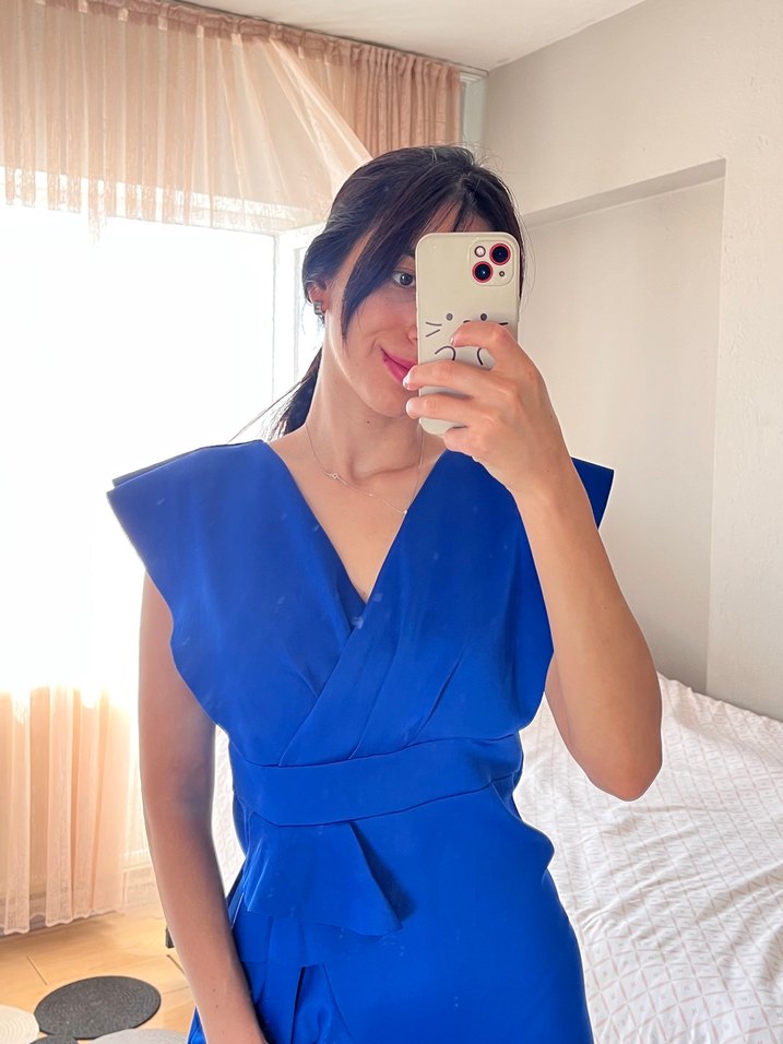 Mavi V Yaka Kolsuz Midi Elbise - Görsel 4