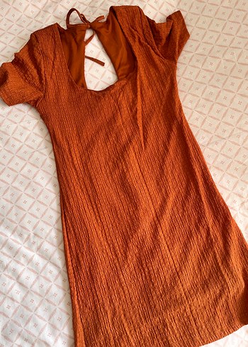 Turuncu V Yaka Kısa Kollu Triko Elbise - Görsel 7