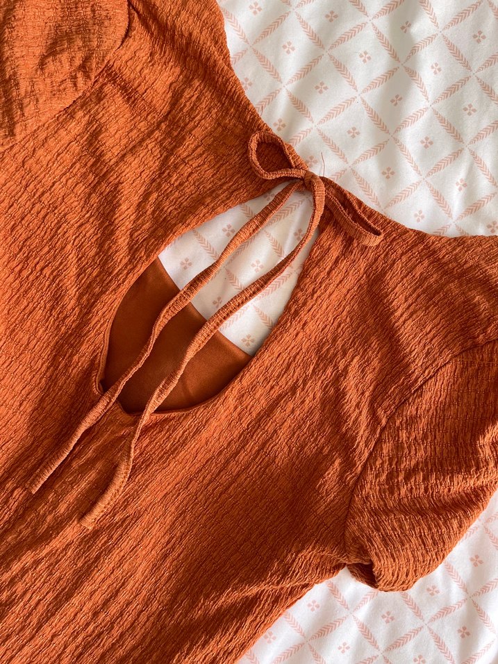 Turuncu V Yaka Kısa Kollu Triko Elbise - Görsel 4