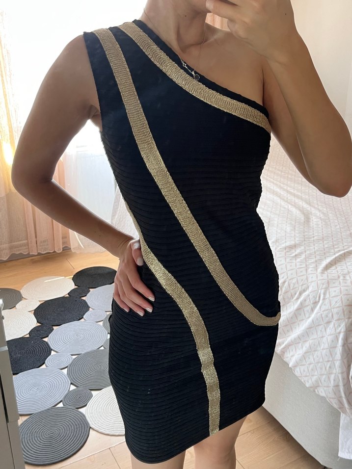 Çizgili Drapeli Siyah Midi Elbise - Görsel 2