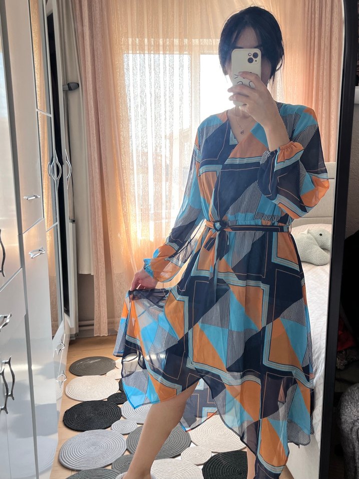 Renkli Bohem V Yaka Uzun Elbise - Görsel 3