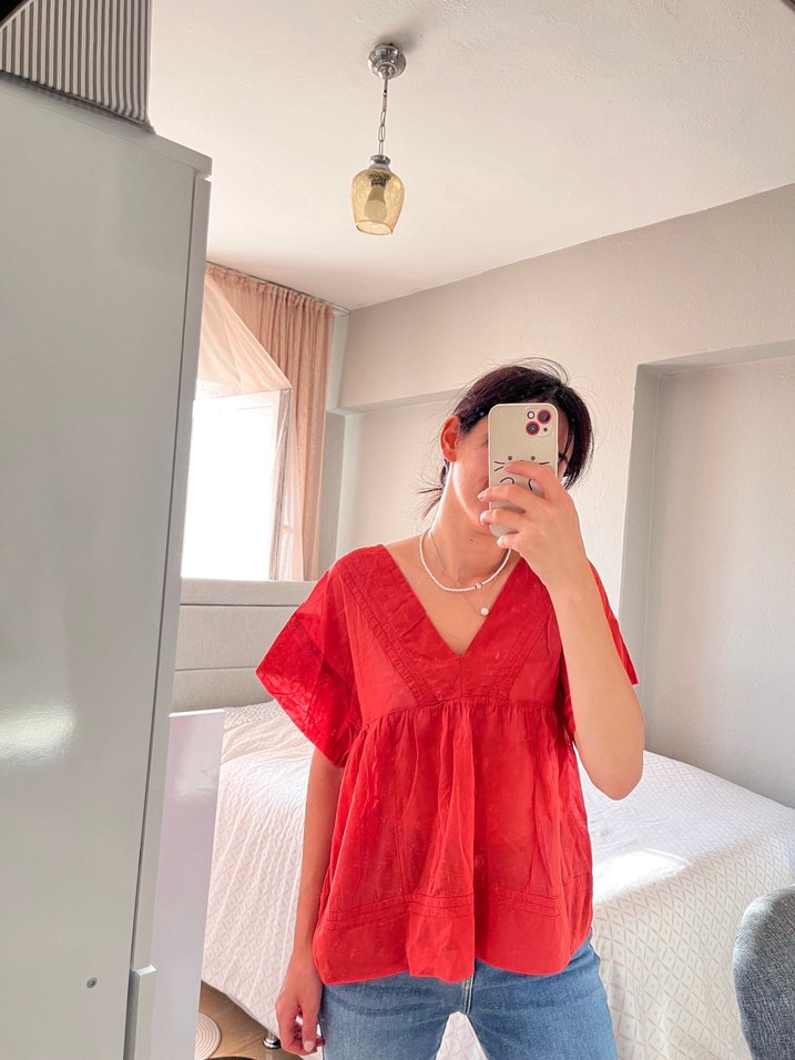 Turuncu V Yaka Bohem Hamile Bluzu - Görsel 2