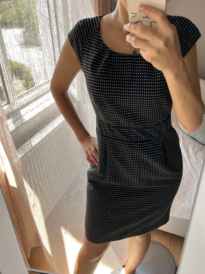 Gri Puantiyeli V Yaka Midi Elbise - Görsel 5