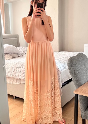 Pudra Rengi Dantel Detaylı Bohem Uzun Elbise - Görsel 2