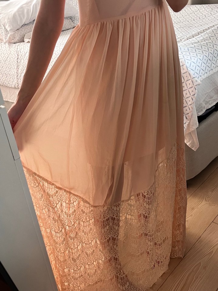 Pudra Rengi Dantel Detaylı Bohem Uzun Elbise - Görsel 5
