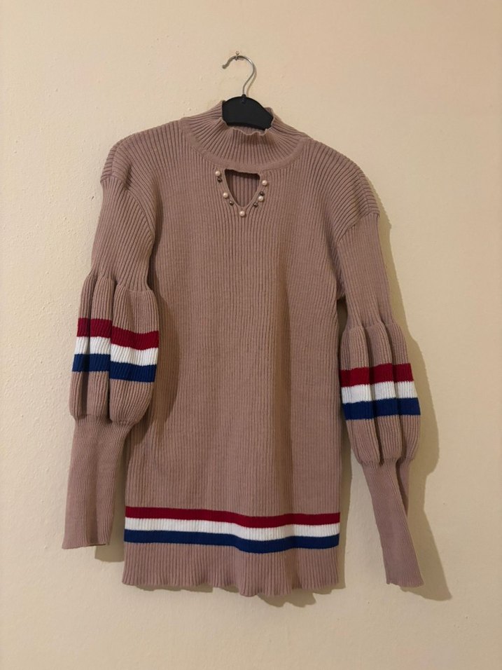 Bej Triko Balon Kollu Kadın Kazak - Görsel 2