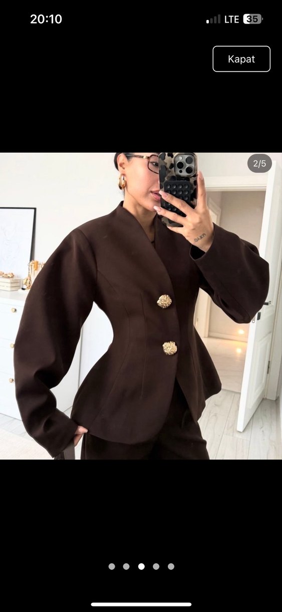 Düğmeli Kahverengi Deri Kadın Takım Elbise - Görsel 2