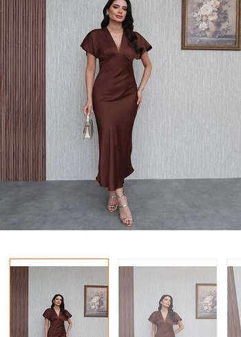 Kahverengi Uzun V Yaka Saten Elbise - Görsel 2