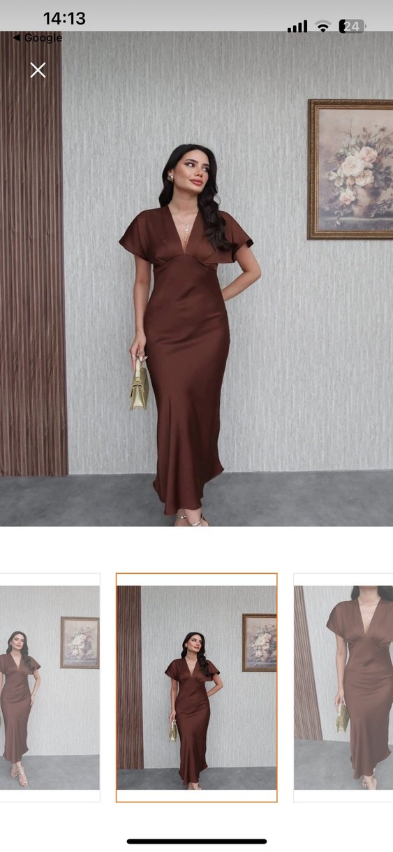 Kahverengi Uzun V Yaka Saten Elbise - Görsel 3