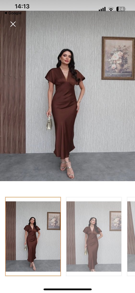 Kahverengi Uzun V Yaka Saten Elbise - Görsel 2