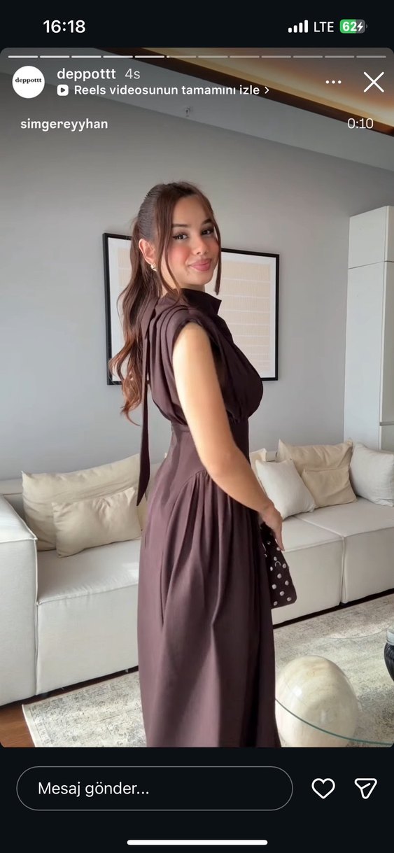 Kahverengi Yüksek Yakalı Drapeli Uzun Elbise - Görsel 3