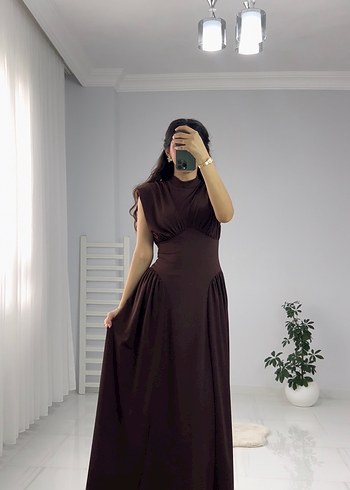 Kadın Kahverengi Uzun Drapeli Elbise - Görsel 2