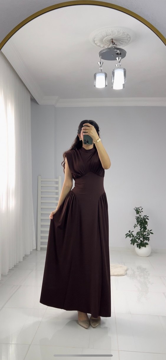 Kadın Kahverengi Uzun Drapeli Elbise - Görsel 2