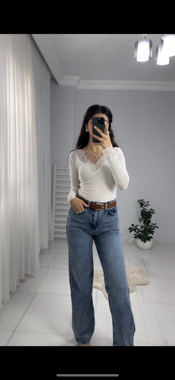 Dantel Detaylı Beyaz Kadın Günlük Jean - Görsel 2