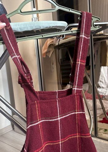 Bordo Kareli Kemerli Kız Salopet - Görsel 2