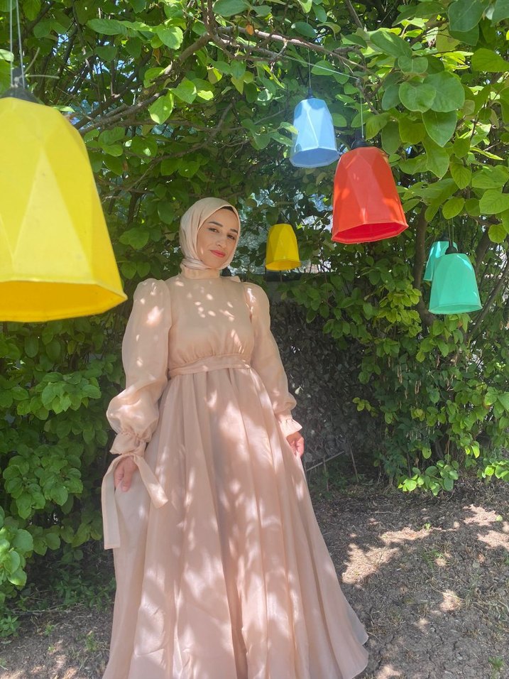 Bej Drapeli Bohem Uzun Kadın Elbise - Görsel 3