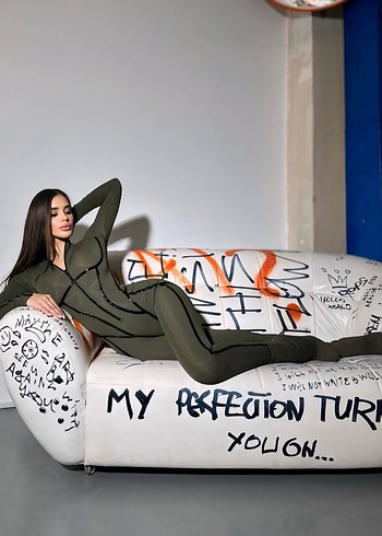 l Beden Kadın Haki Kamuflaj Kapüşonlu Fermuarlı Tulum