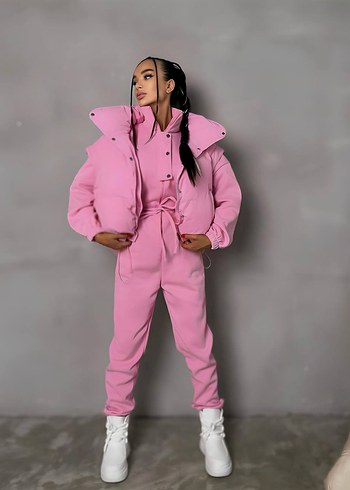 Pembe Yüksek Yakalı Kadın Eşofman Tulum