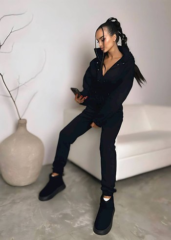 Diğer Siyah Gevşek Kesim Kadın Street Wear Tulum