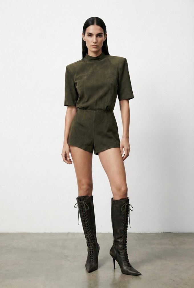 Kadın Haki Süet Kısa Tulum V Yakalı - Görsel 3