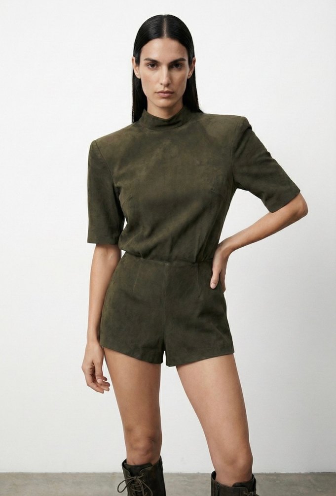 Kadın Haki Mini Süet Tulum - Görsel 2