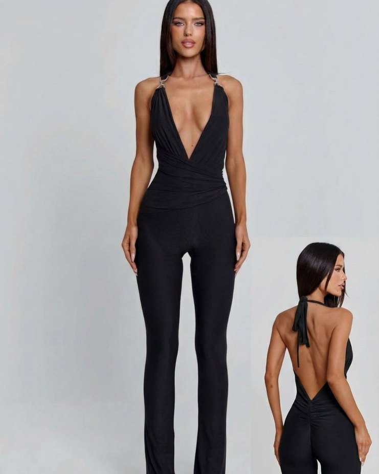 Kadın Siyah Uzun Drapeli V Yaka Tulum - Görsel 2