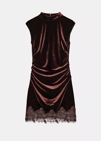 Dantel Detaylı Kısa Kahverengi Kadife Elbise - Görsel 4