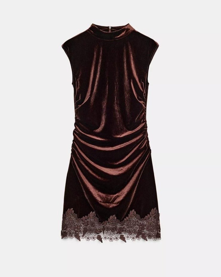 Dantel Detaylı Kısa Kahverengi Kadife Elbise - Görsel 4