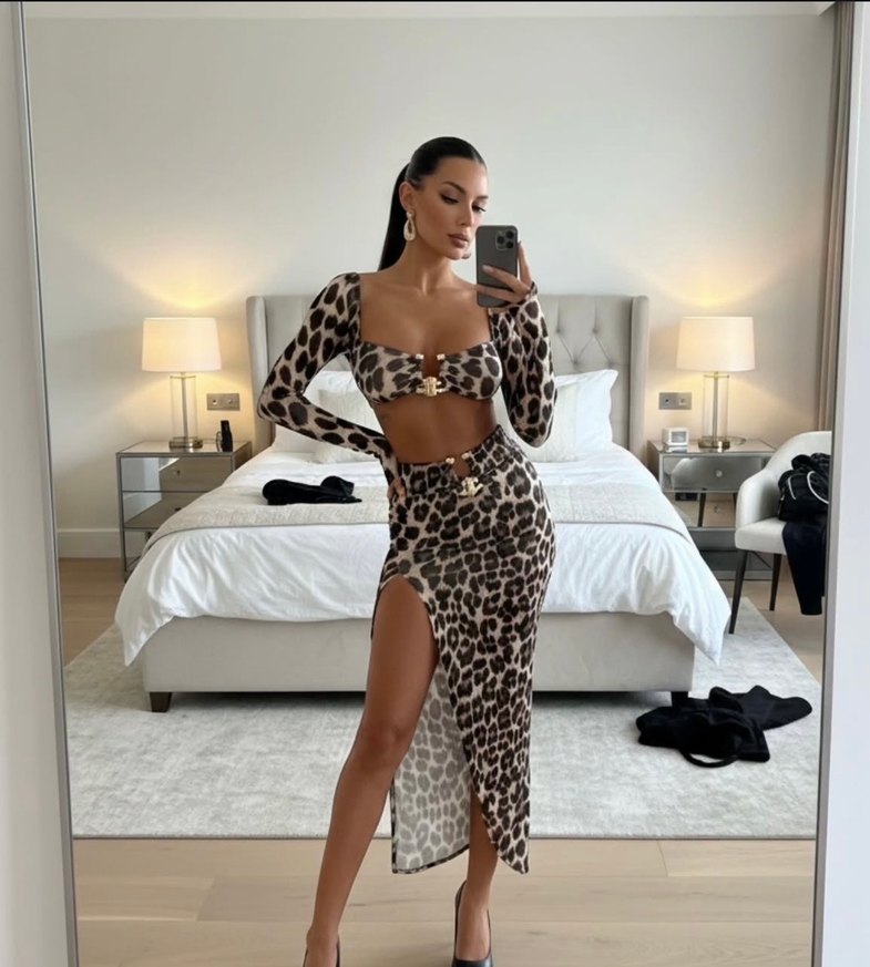 Leopar Desenli Uzun Crop Yırtmaçlı Etek Takım - Görsel 2