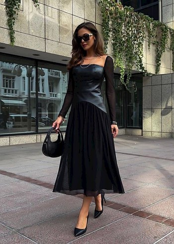 Siyah Deri Uzun Gösterişli Kadın Elbise - Görsel 2