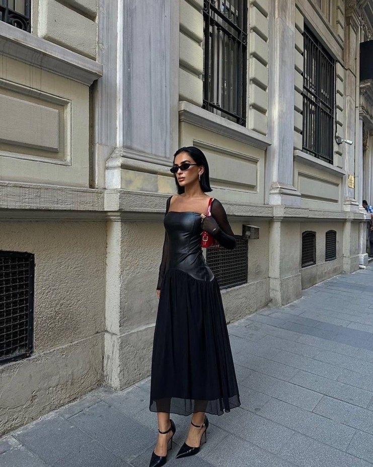 Siyah Deri Uzun Gösterişli Kadın Elbise - Görsel 3