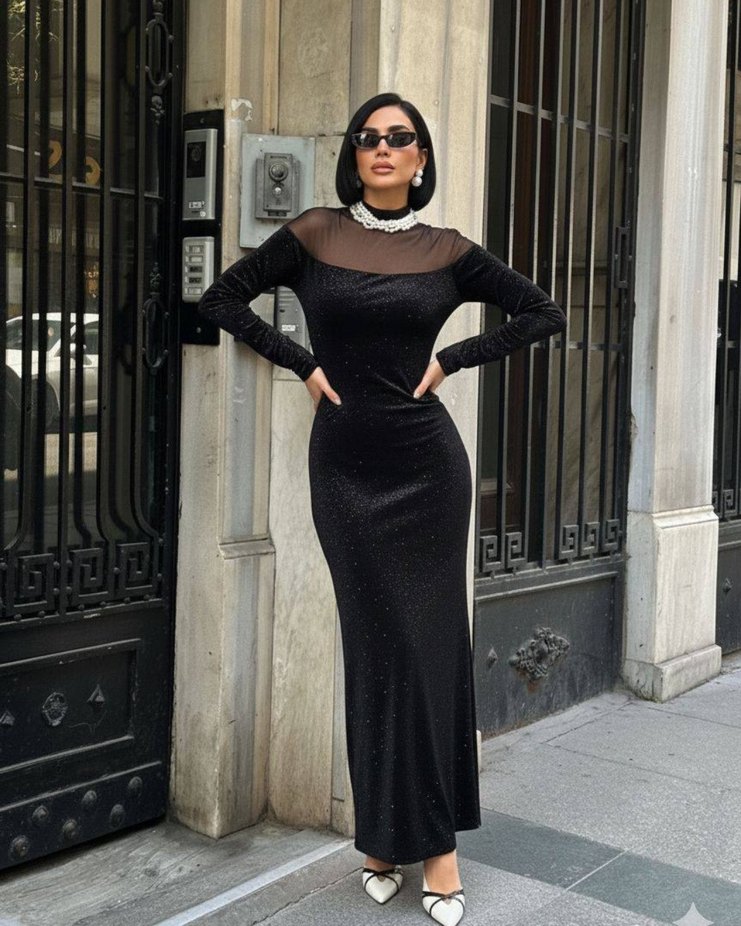 Siyah Parlak Uzun Kadın Elbise - Görsel 3