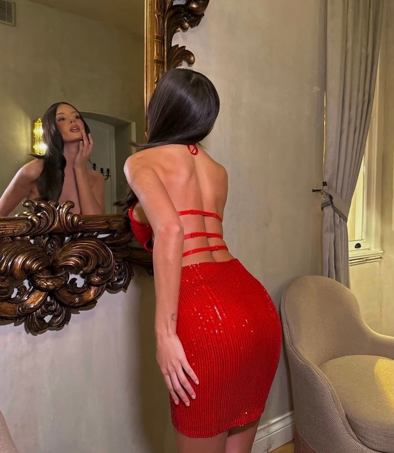 Parlak Pul Detaylı Kırmızı Mini Elbise - Görsel 2