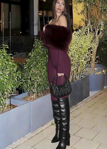 Bordo Kürklü Madonna Yaka Slim Fit Tulum - Görsel 3